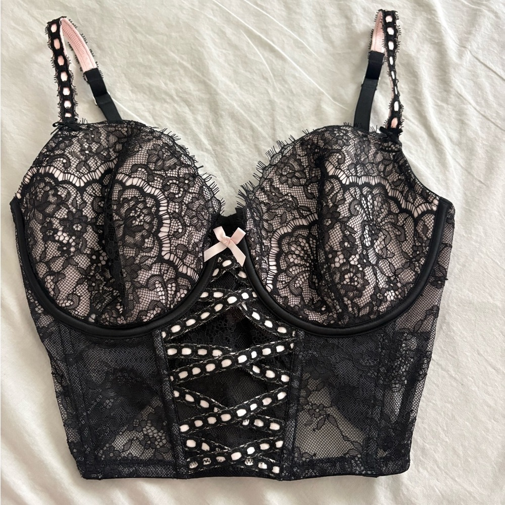 Victoria's Secret Lined Demi Black Lace with Pink Trim Corset